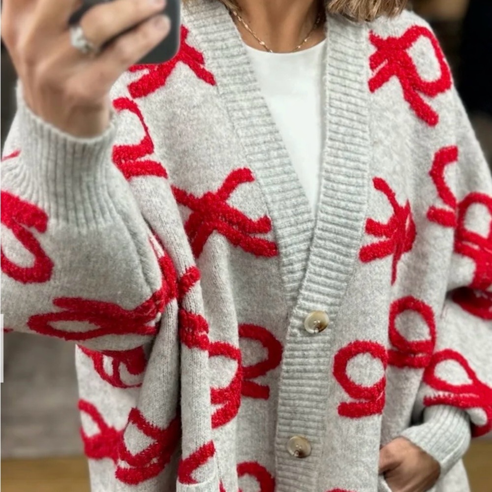 J.O.A. Gray Cardigan with Red Accents